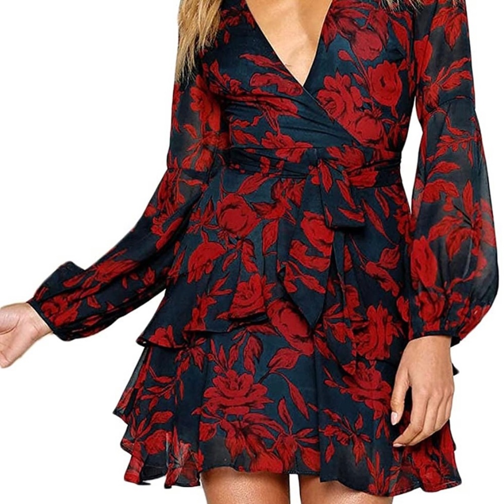 Long Sleeve Floral V Neck Dress
